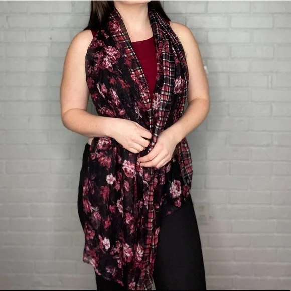 Oversize Floral Black and Red Scarf Wrap Extra Long - Picture 7 of 10